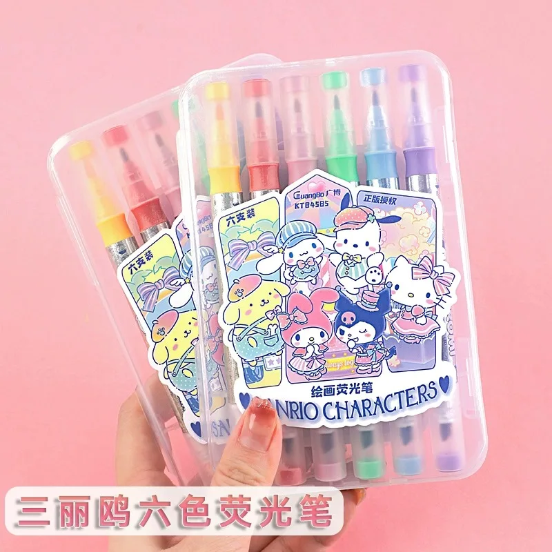 

Cartoon Sanrioed Kuromi Cinnamoroll Highlighter Ins Girly Heart Kawaii Double-Ended Handbook Watercolor Pen Learning Stationery