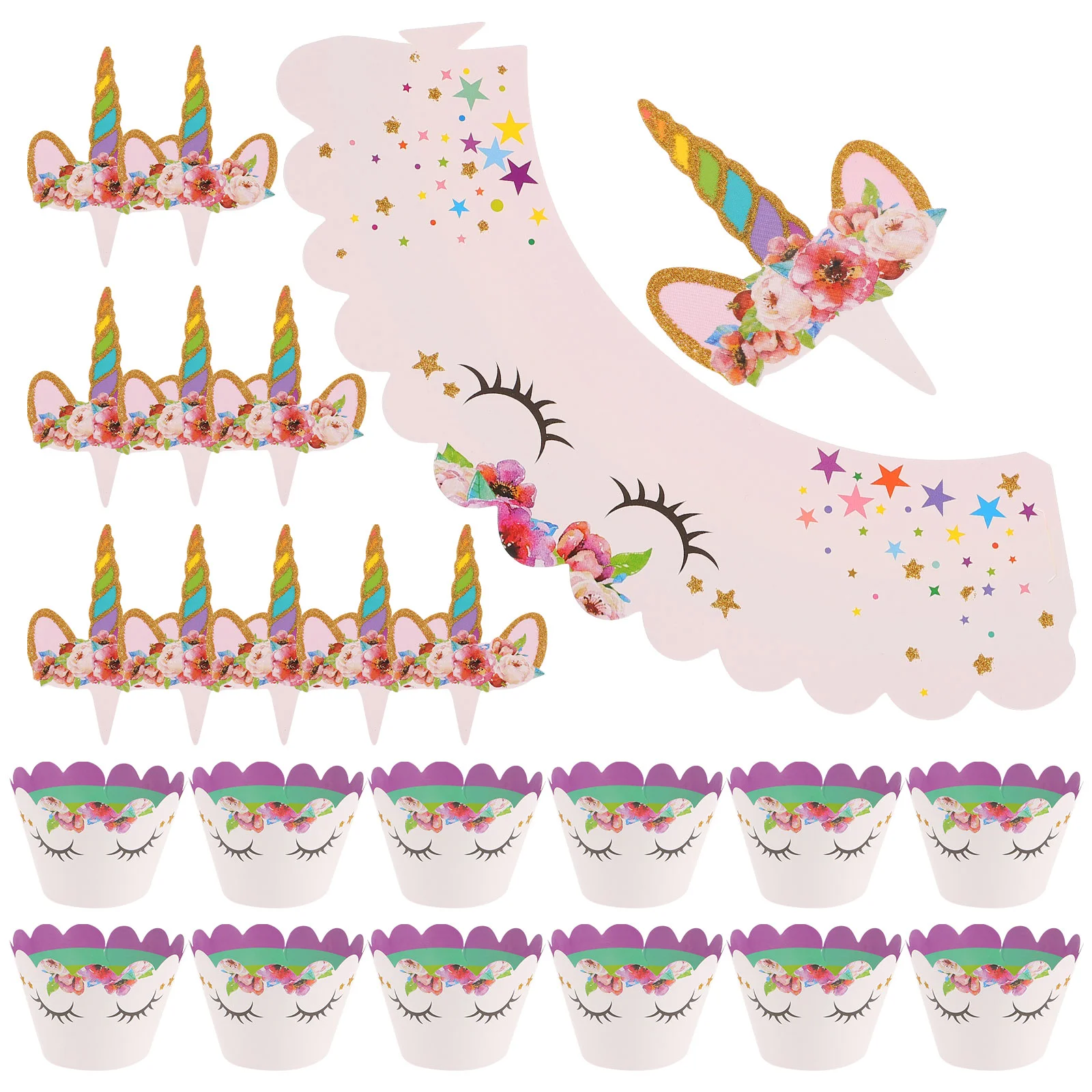 

24pcs Shining Unicorn Cake Topper Dessert Decor Insert Cake Wrapper for Birthday Party Gathering