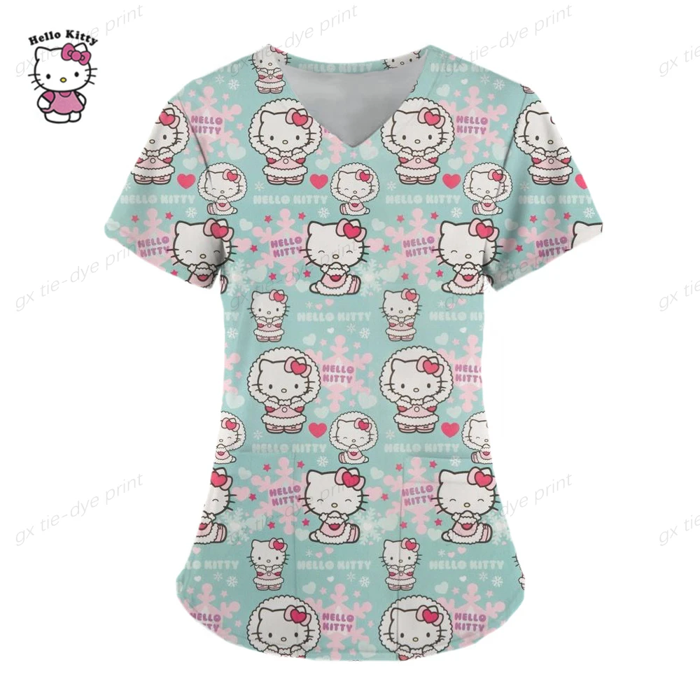 thumbnail image 1 of Uniformes médicos de Hello Kitty para mujer, camisetas de enfermera con estampado de dibujos animados de Hello Kitty, uniforme de novio para mascotas, ropa de cuidado de manga corta, 1 of 5