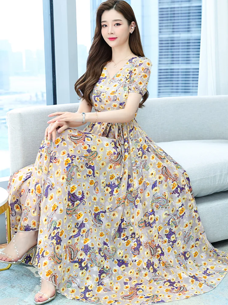 

Women Maxi Dresses Summer Clothes 2023 Beach Elegant Casual Dress Midi Chiffon Floral For Party Luxury Fashion Bodycon Vestidos