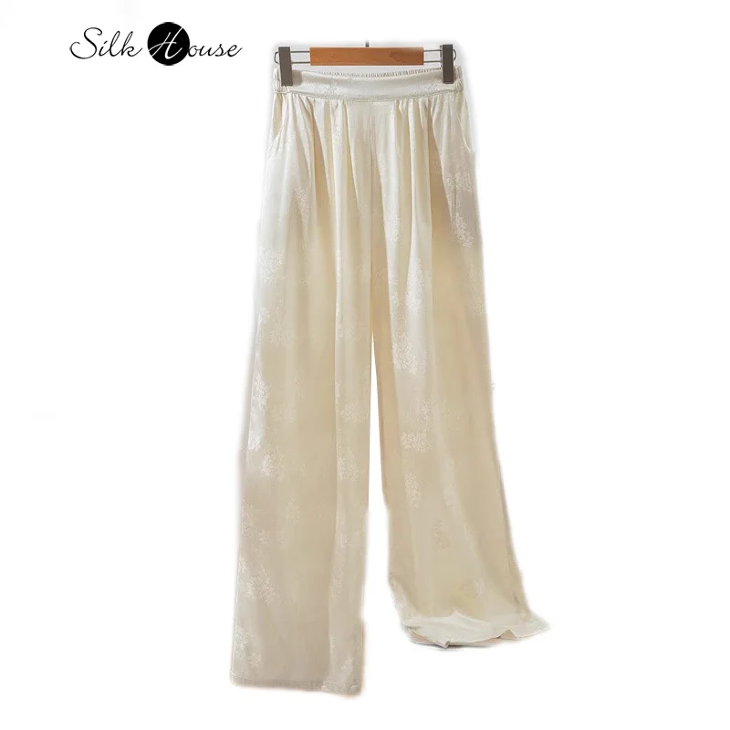 Luxury Grade Quality 100% Natural Mulberry Silk Jacquard Satin Off White Perforated Floral Rose Women's Casual Wide Leg Pants