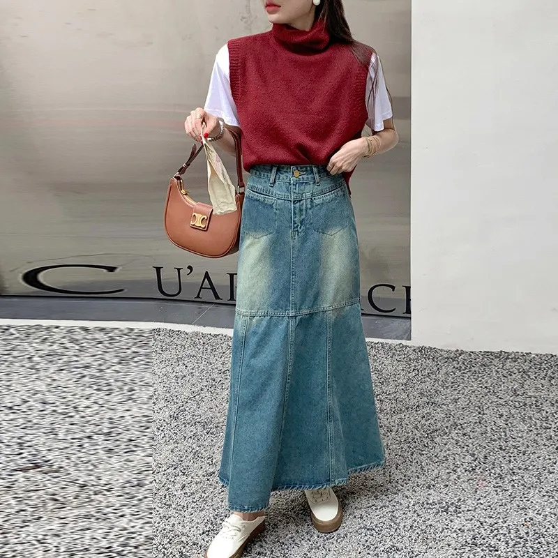 

GUUZYUVIZ High Waist Vintage Splice Jean Skirts For Woman Autumn Winter Korean Fashion Package Hip Trumpet Denim Long Skirt