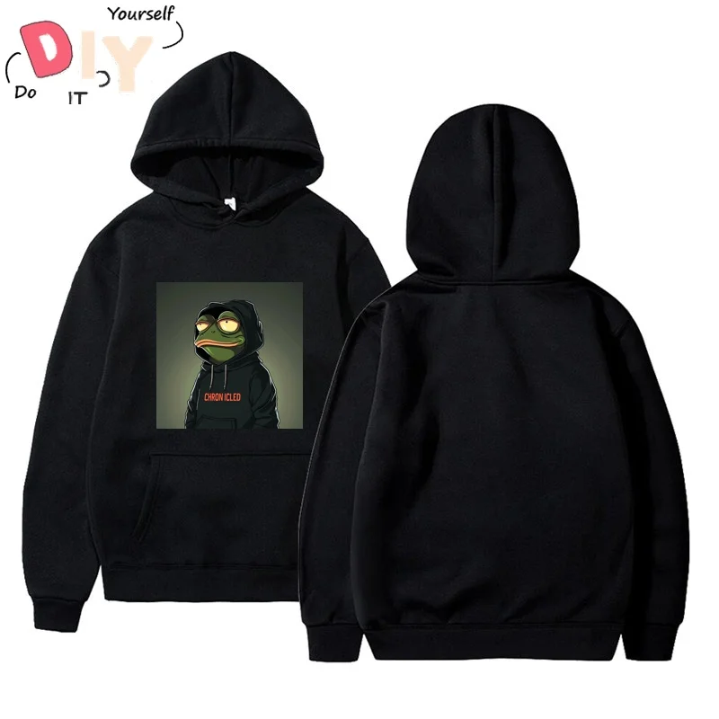 

Handsome Pepe Frog Wearing Black Hoodie Simple Basic Cotton Blouse Soft Printed Vintage Half Sleeve Viral Hoodie Men