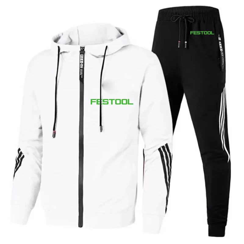 Festool 2023 men's new sportswear spring and autumn striped zipper hooded sweatpants sports popular printing two-piece suit