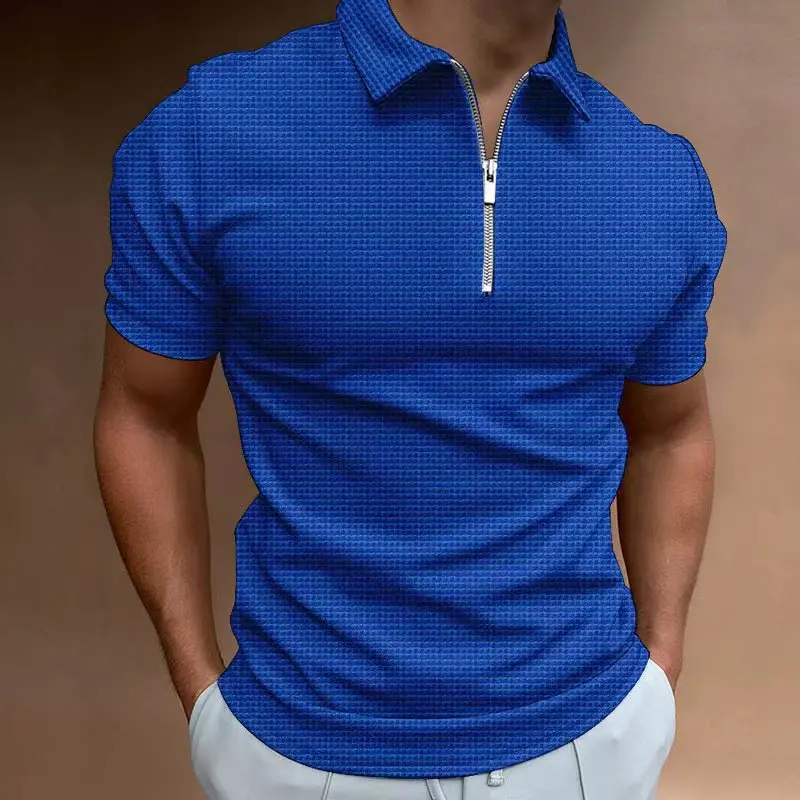 

Summer Men Waffle Zippered Short Sleeved Polo Shirt, High-Quality Breathable Business Fashion T-Shirt, Men's Oversized Clothing