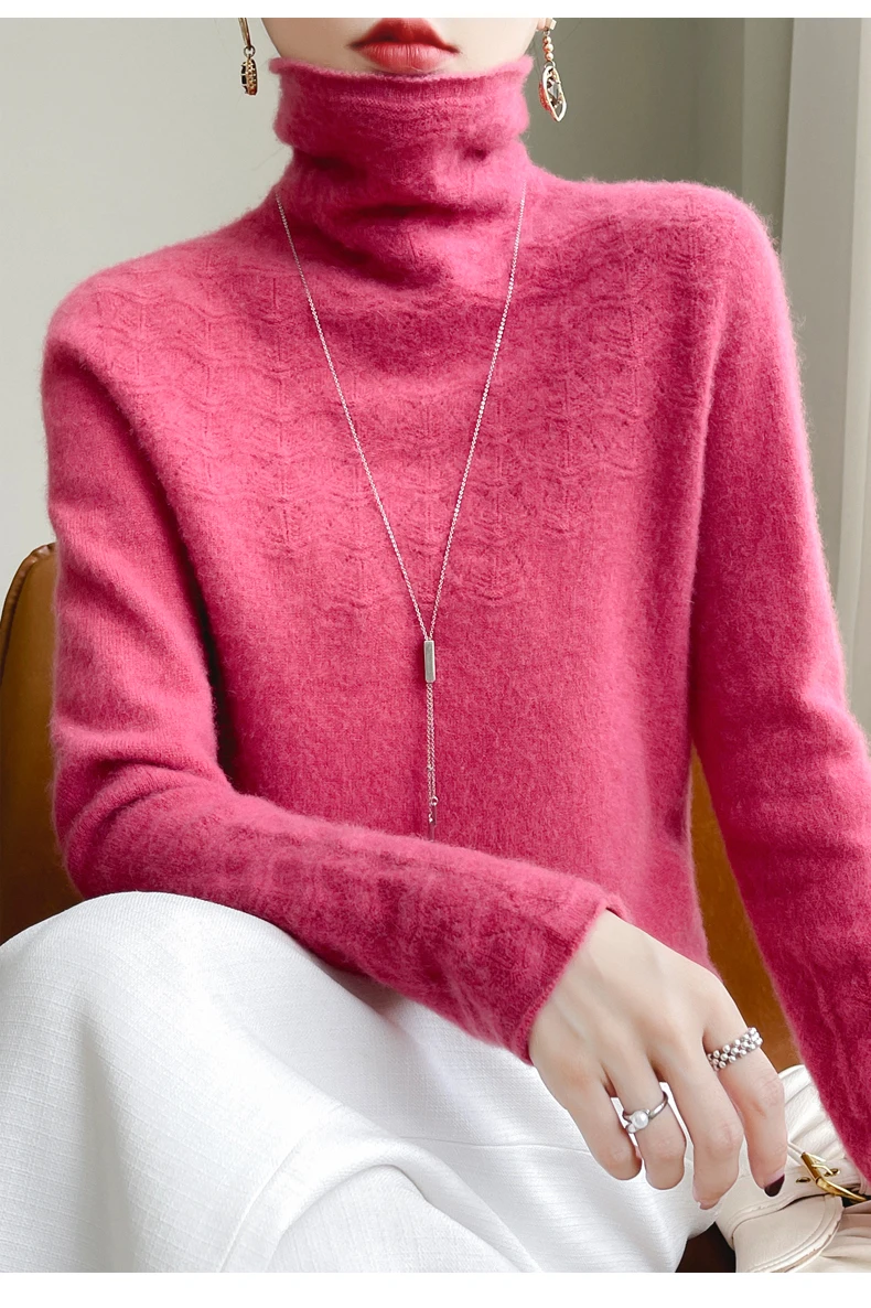 Women’s pure wool seamless collar pullover sweater in classic knit design red