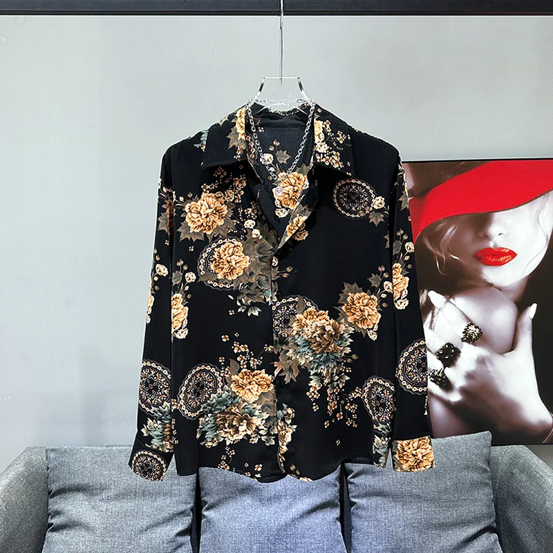 

Мужская шифоновая рубашка с длинным рукавом, с принтом