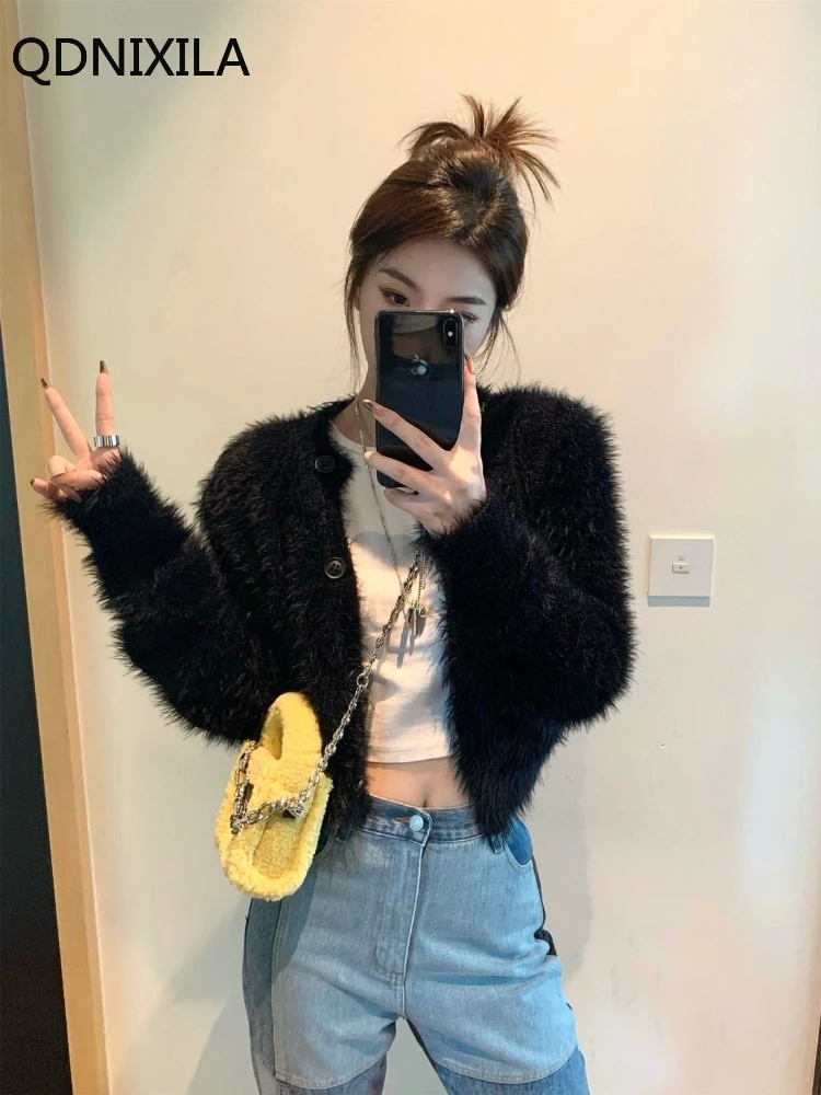 

Autumn Winter Women's Sweater Crop Knit Cardigan Korean Fashion Long Sleeve Top Black Cropped Fur Imitation Fur Jacket Women