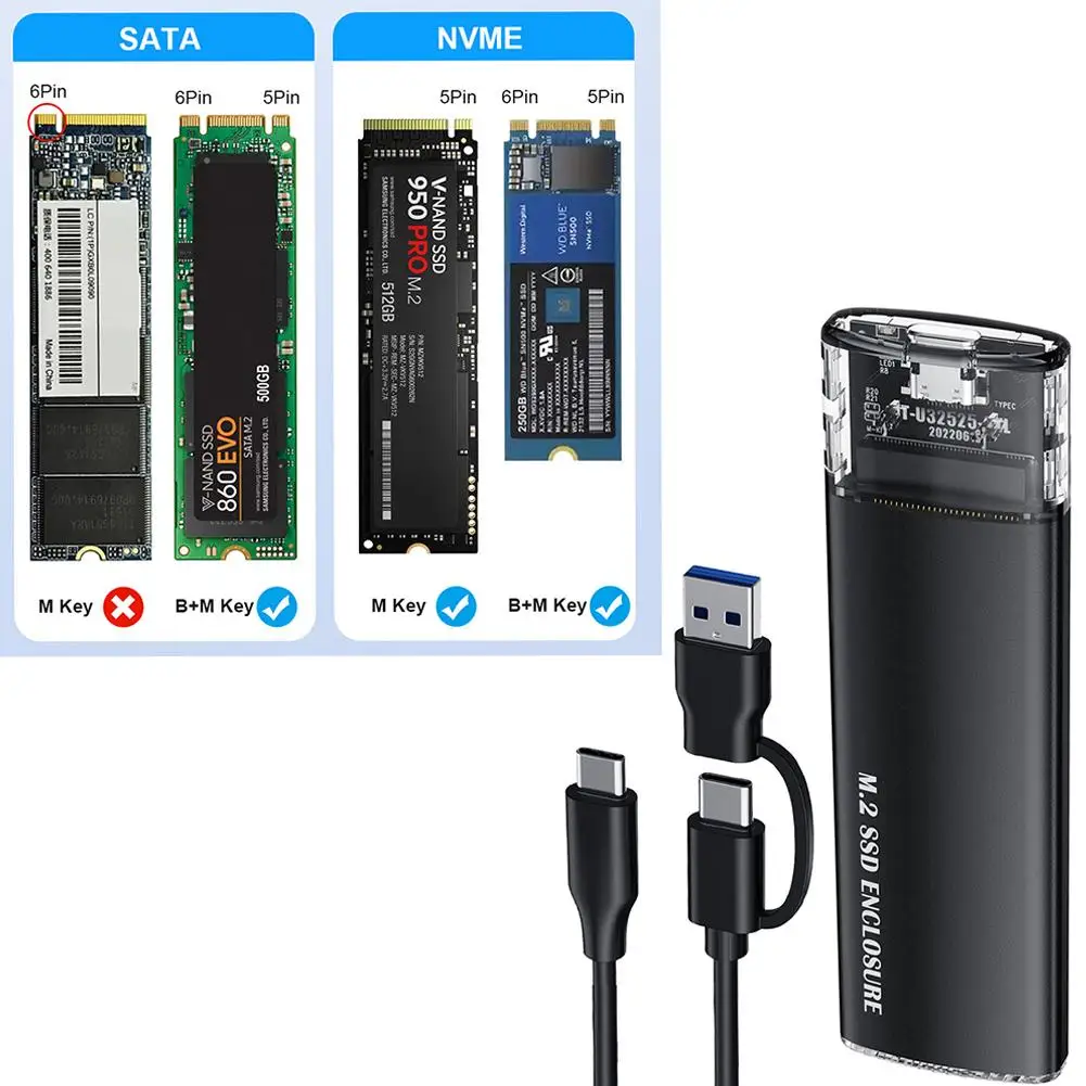도구 필요 없는 모바일 하드 드라이브 인클로저, 투명한 NVMe10Gb 어댑터, 알루미늄 드라이브 인클로저, 합금 M2 Type-C3.1 스테이트