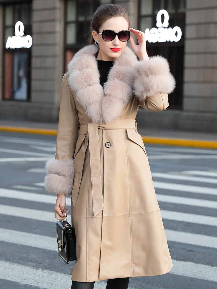 

2023 Leather coat,Long Genuine Leather Jacket Women Fox Fur Collar Women's Sheepskin Coat Korean Slim Down Jacket Female Winter