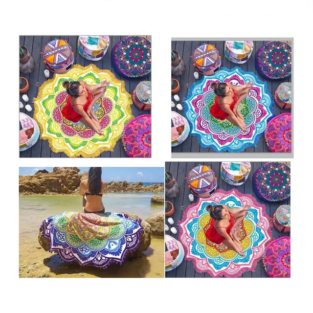Yoga Mat Chakra Beach Towel Tassel Toalla Mandala Tapestry Sunblock Round Cover-Up Bath Towel Lotus Bohemian  150cm 2