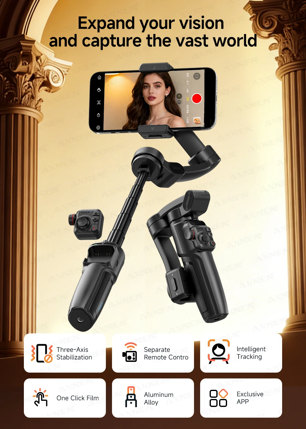 3-osiowy ręczny stabilizator gimbala z funkcją śledzenia twarzy AI, wbudowany teleskopowy pręt, smartfon, iPhone, Android, antywstrząsowy_voghion.com