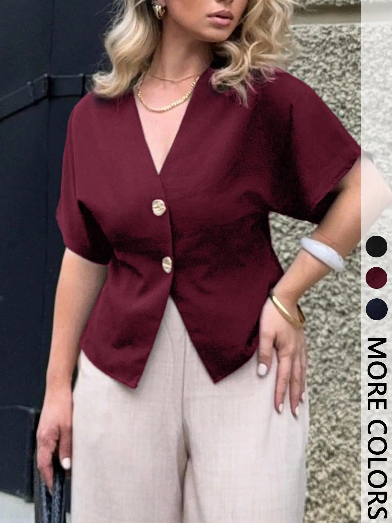 Women's Solid Color V-Neck Trim Shirt Short Sleeve with Golden Button Details Loose Fit Single Piece 5