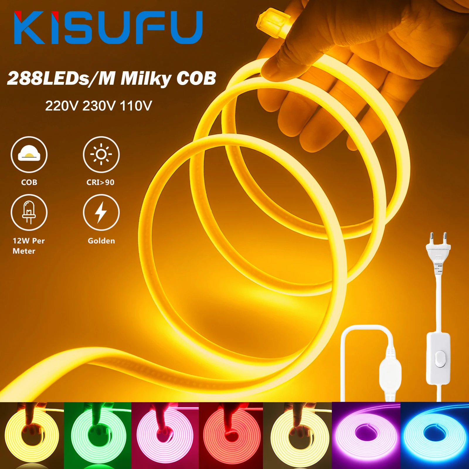 AC 220V 230V COB 스트립 방수 ON/OFF 스위치 포함 288LEDs/M..