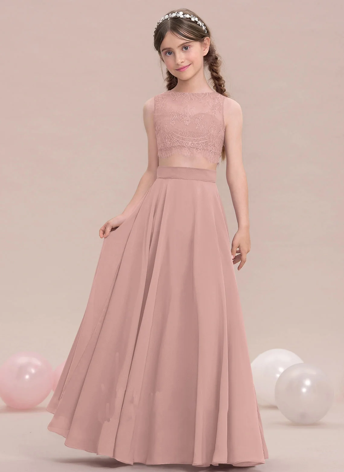 Vestidos De Dama De Honor Junior Con Escote Griego Y Largo Hasta El Suelo Rosa Polvoriento main image 0