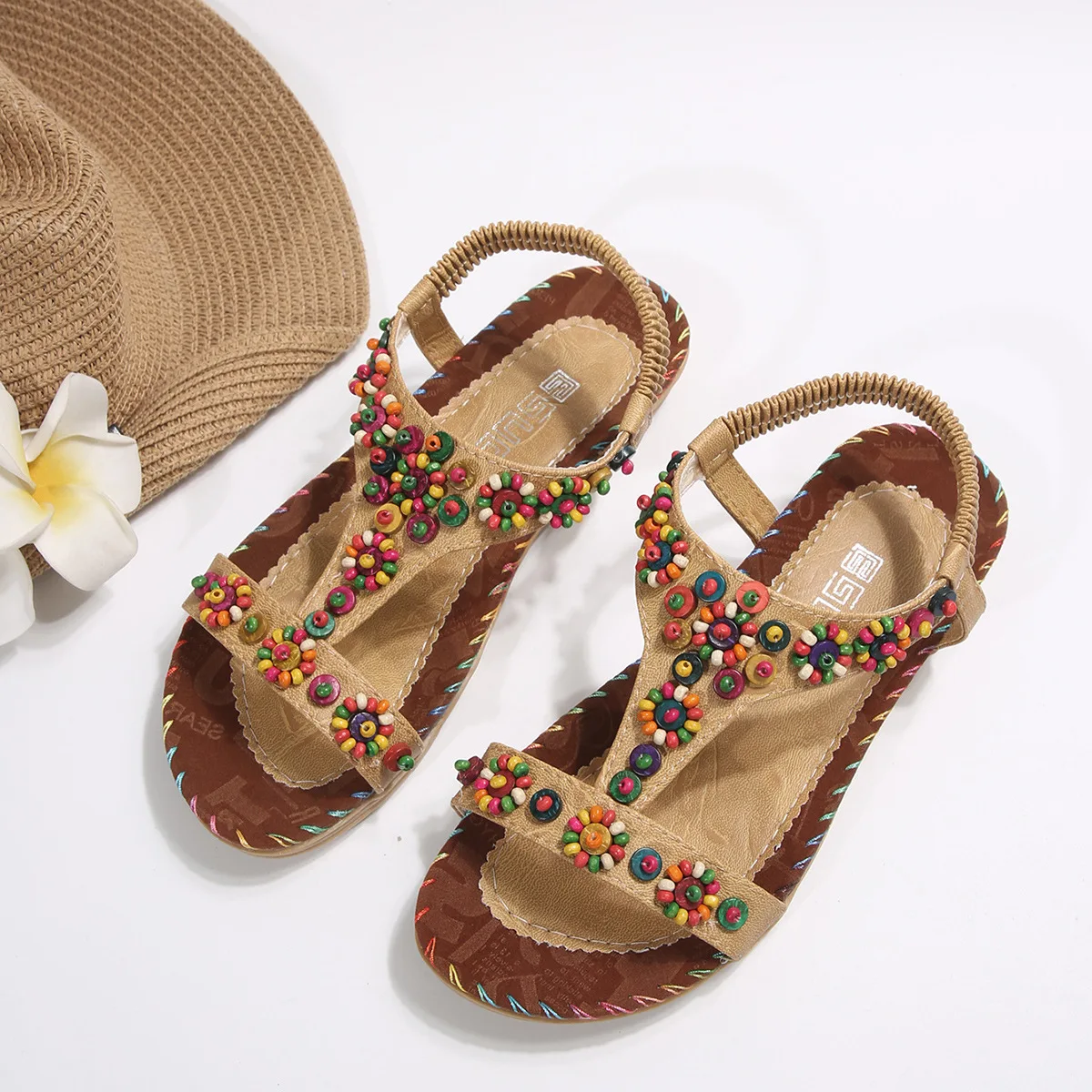 2026 New Summer Casual Sandals Women Bohemian Beach Shoes for Women Beaded T-belt Slip on Ladies Flat Sandals Zapatos Mujer
