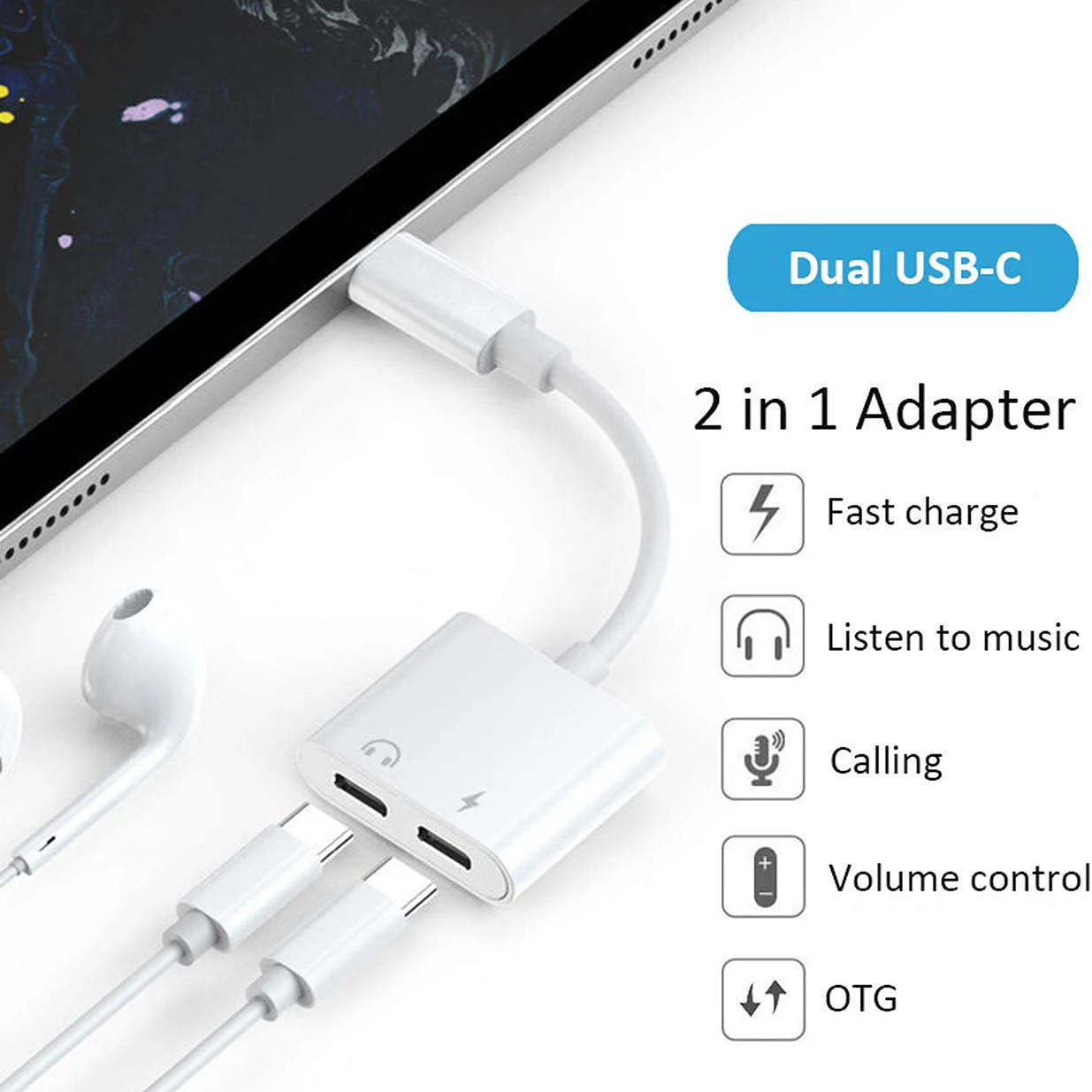 2 in 1 Dual Type C Headphone Adapter USBC Splitter Jack AUX Audio Charging Converter for Huawei Samsung Xiaomi 6