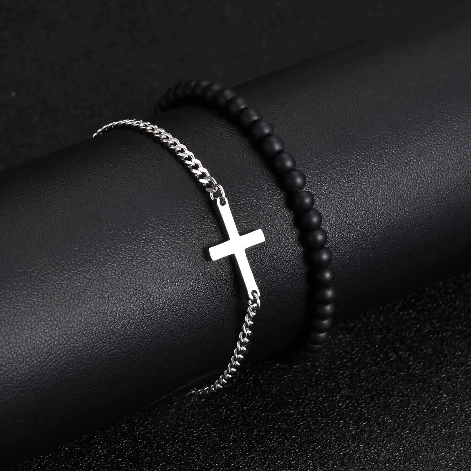 2pcs/set Cross Chain Bracelet for Men,Casual Black Natural Stone Beaded Adjustable Wristband,Jewelry Gift for Husband Dad BBF