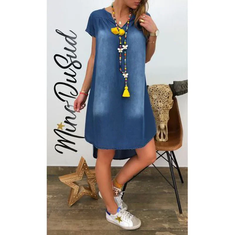 Myosotis Puff Sleeve V Neck Ruffled Loose Denim Mini Dress