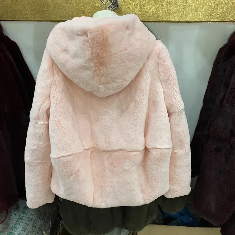 Women\'s Winter Fur Coats Rex Rabbit Fur Coat Women Clothing Casual Warm Loose Hooded Female Real Fur Jacket Casaco Feminino Lq