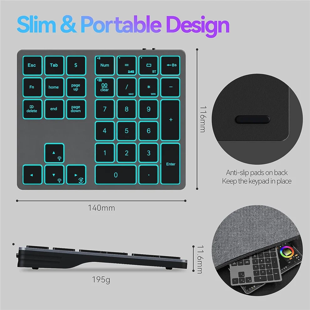 Backlit Bluetooth Number Pad Teclado Recarregável sem Fio Cores Numérico Entrada de Dados Externa para Imac 2.4g - Imagem 2