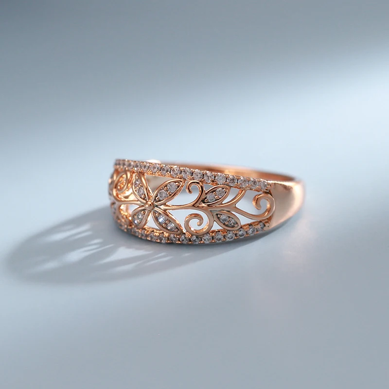 Luxury Geometric Hollow Flower Natural Zircon Women's Rings 585 Gold