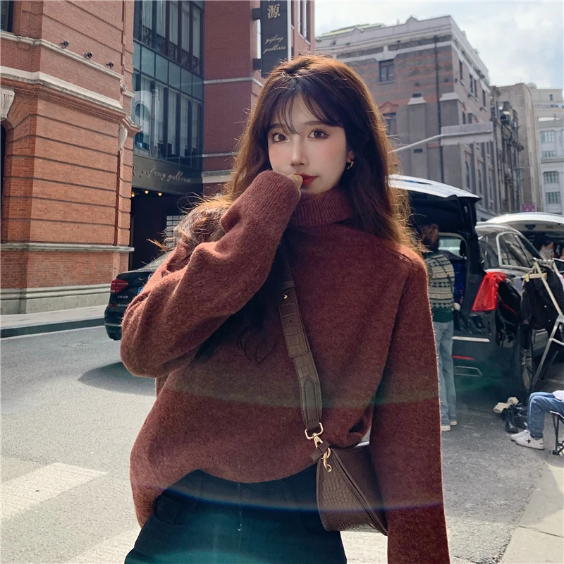 

2022 Slouchy Loose Vintage Port Style High Neck Winter Pullover Sweater For Women Free Shipping
