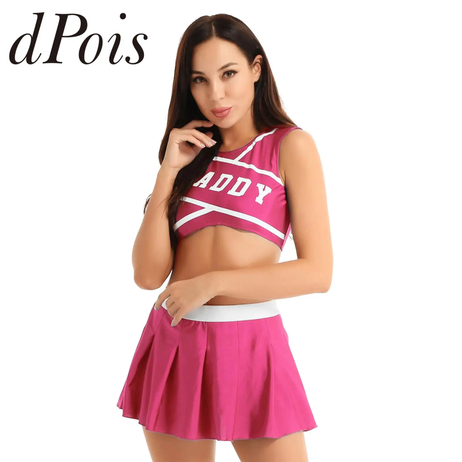 2Pcs Women School Girls Cheerleading Uniforms Set DADDY Printed Cheerleader Costume Sleeveless Crop Top with Mini Pleated Skirt 2pcs women adults cheerleading costume uniform stand collar sleeveless crop top with mini pleated skirt cheerleader dance outfit