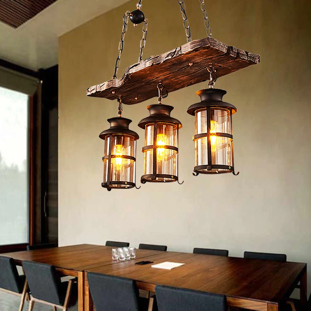 

Vintage Wooden Chandelier Rustic Island Pendant Light Home Decor 3-Head Hanging Lamp For Living Room Kitchen Indoor Lighting