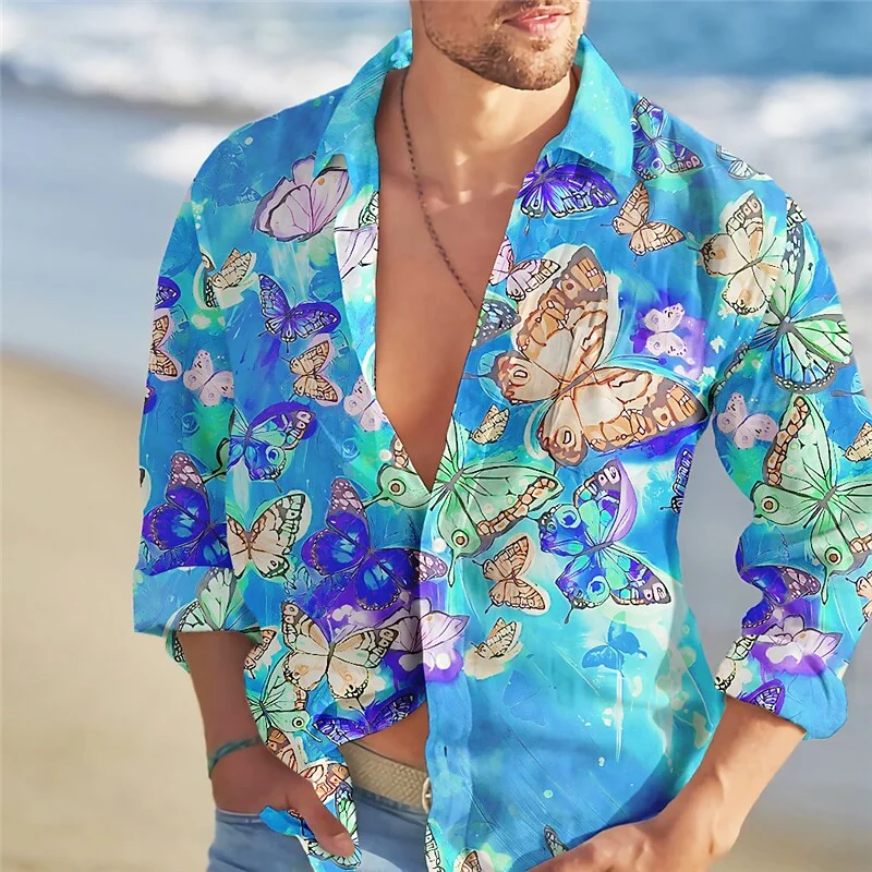 Men's Hawaiian Shirt Vintage Butterfly Floral Top Social Fashion Trend Long Sleeves Blouse Vacation Shirt For Men Luxury Clothes