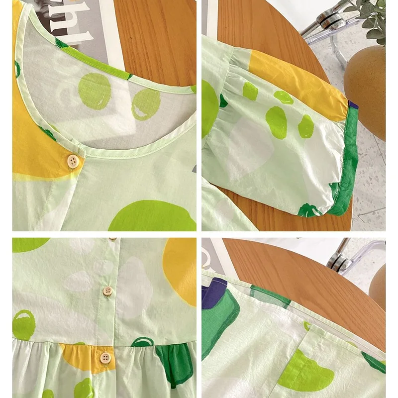 Summer New Round Neck Fashion Lantern Sleeve Shirt Women High Street Casual Loose Button Cardigan Printing Elegant Cotton Tops