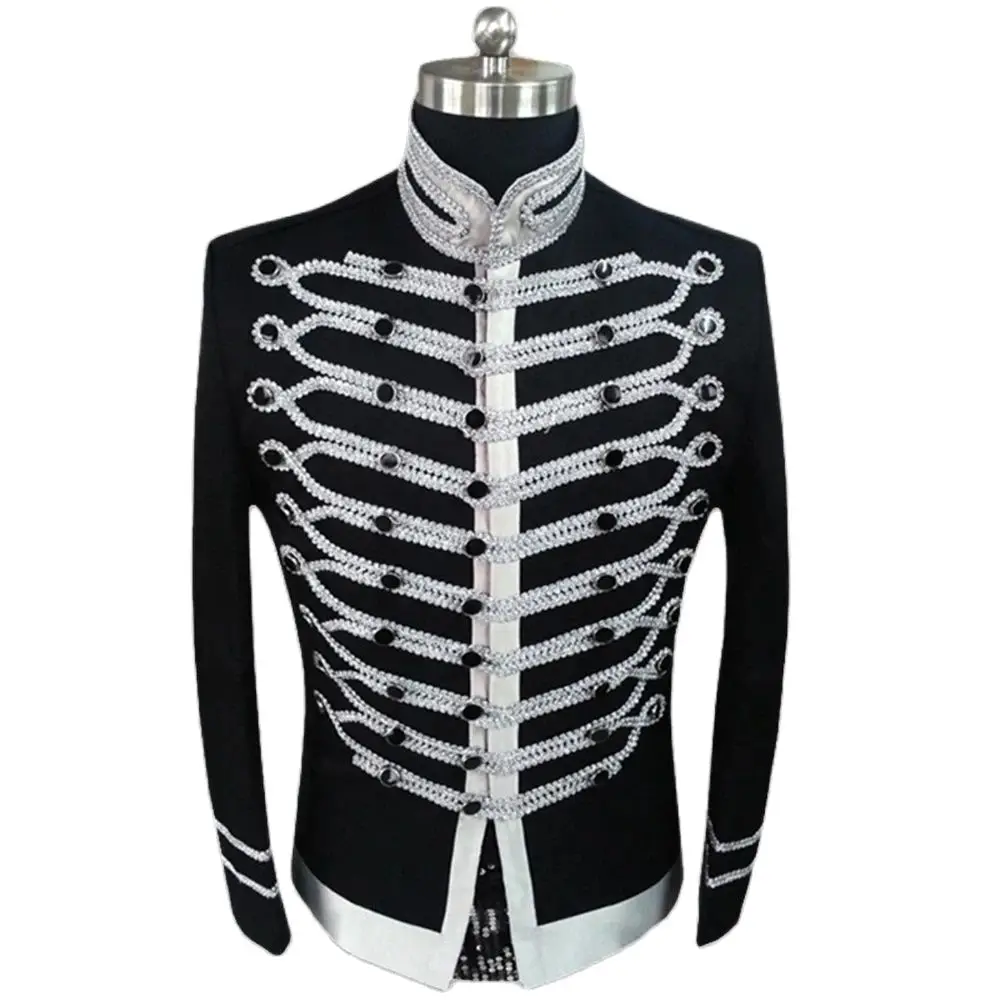 Men Black Steampunk Suit Jacket Stand Collar Tassel Design Military Drummer Parade Costume Homme Fashion Singer Show Blazer Coat