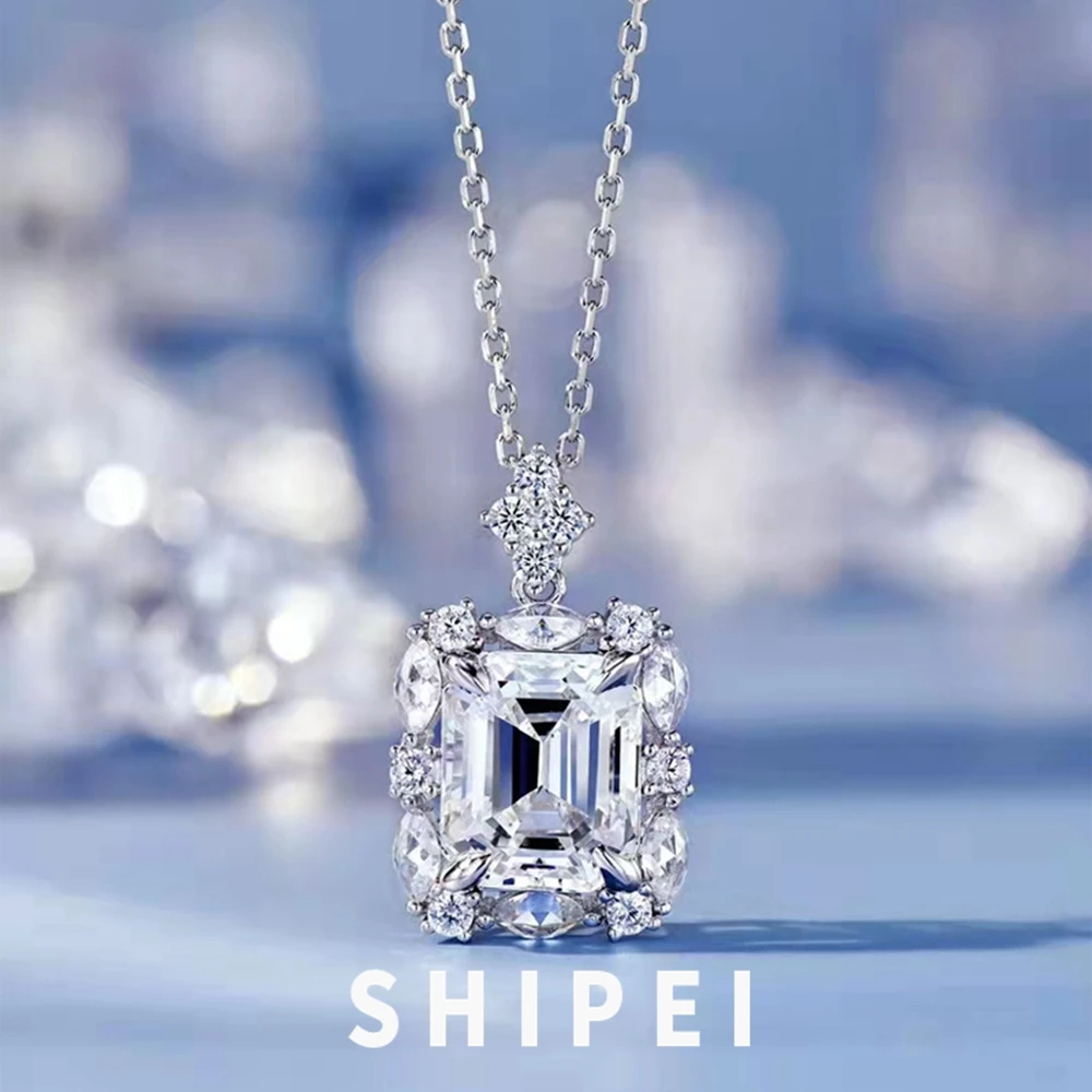 

SHIPEI Solid 925 Sterling Silver Emerald Cut 5 CT White Sapphire Gemstone Wedding Engagement Women Necklace Pendant Fine Jewelry