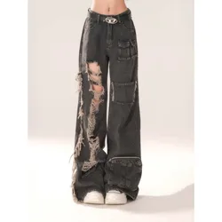 Deeptown Y2k Vintage Ripped Black Cargo Pants Woman Baggy Grunge Wide Leg Trousers Oversized Korean Style Streetwear Fashion