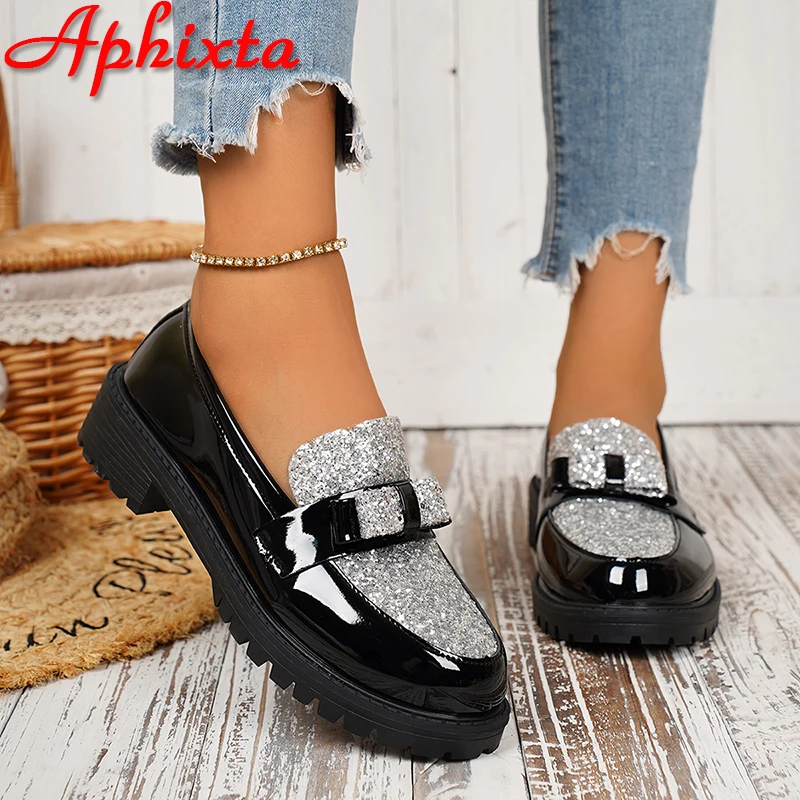 Aphixta Patchwork Bling Silvery Flat With Woman 3.5cm Heel Shoes Sewing Design Slip on Ladies Shoes Black Round Toe Casual Shoes