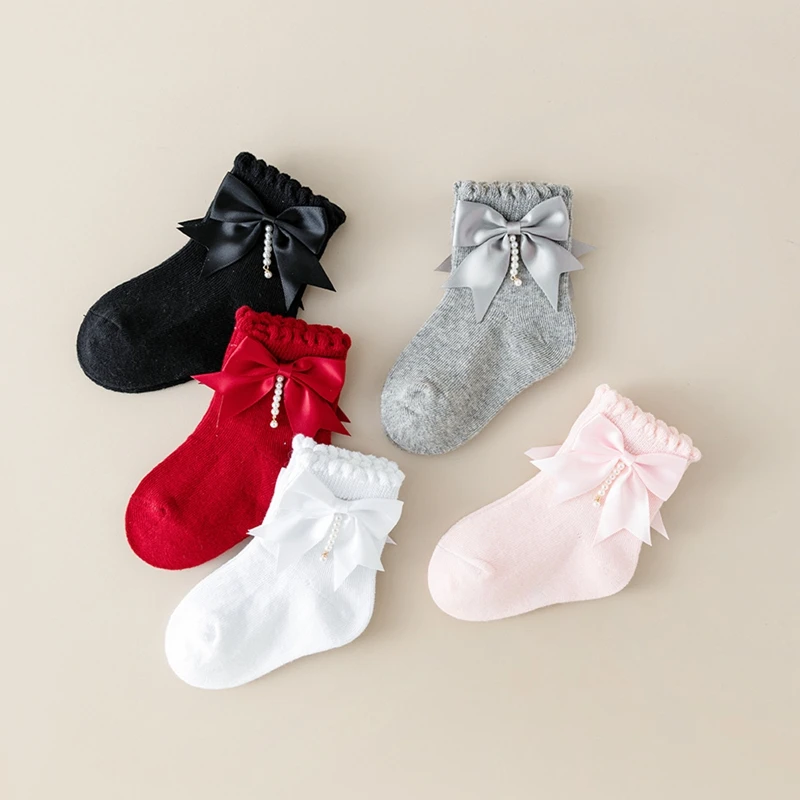 Infant Kids Baby Girls Summer Socks Ruffle Ankle Socks Breathable Toddler Dress with Pearl Tassel 0-4T