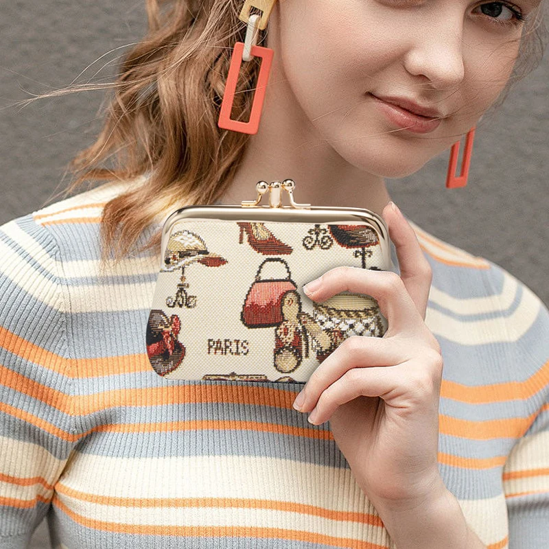 SAJA Tapestry Key Wallet Women's Wallet Coin Purse Pouch Double Pocket Kiss lock Shoe & Hat Vintage Coin Holder For Girl Ladies