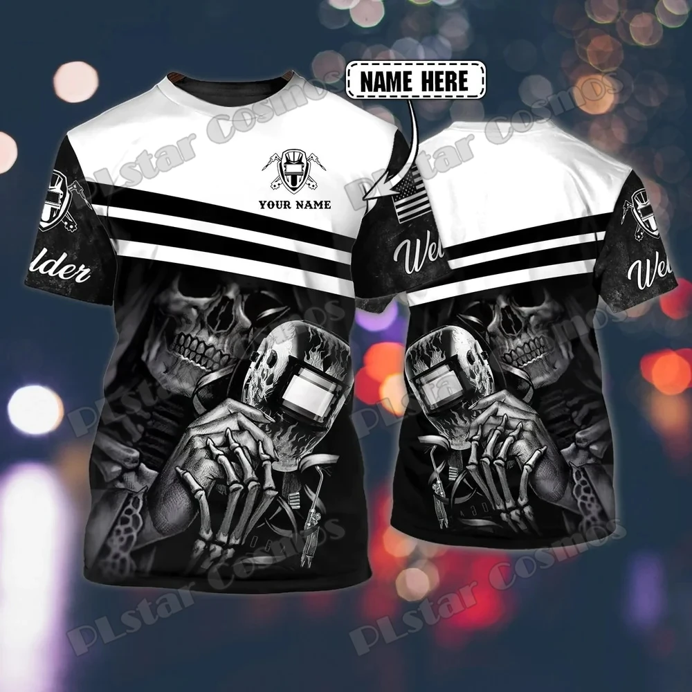 PLstar Cosmos Lustiges Totenkopf-Schweißer-Muster, personalisierter Name, 3D-Volldruck, Herren-T-Shirt, Sommer, Unisex, lässiges T-Shirt DW2281 – Detail 11