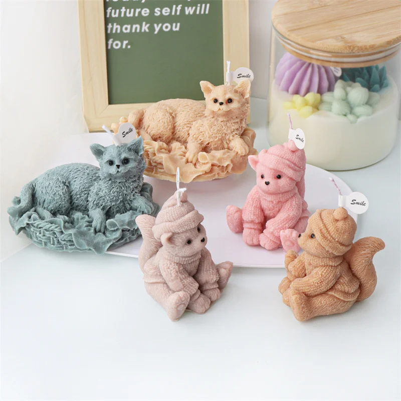 DIY Soft Teddy Bear Silicone Candle Mold Animal Bear Cat Soap Resin Craft Plaster Making Kit Handmade Cake Mold Home Decor Gifts