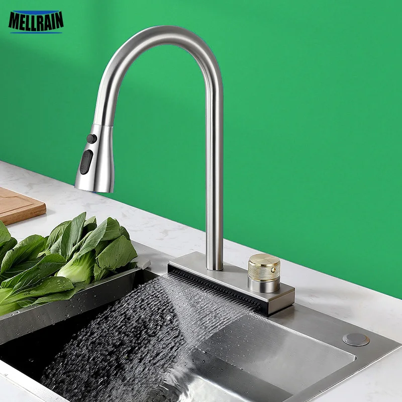 Torneira de Pia de Cozinha de com Bico Pull-out Torneira de Cachoeira Preta Deck Montado Torneira Misturadora de Água Furo Modos Aço Inoxidável