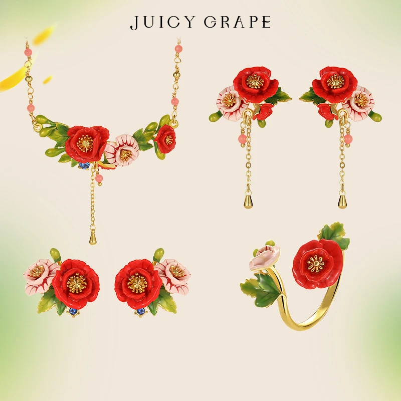JUICYGRAPERedPoppyFlowerJewelrySetWomenHandmadeEnamelEarringBraceletNecklaceRingLuxuryWeddingPartyFineJewelry-AliExpress36
