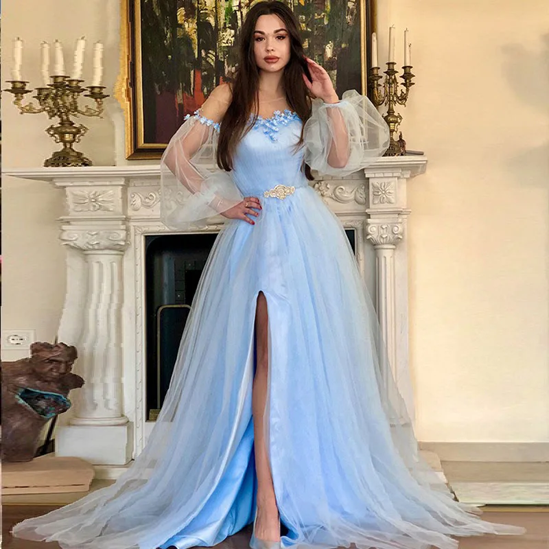 

90 Light Sky Blue 2023 Prom Dresses O Neck Puffy Long Sleeves 3D Floral Split Front Formal Evening Party Gowns Birthday
