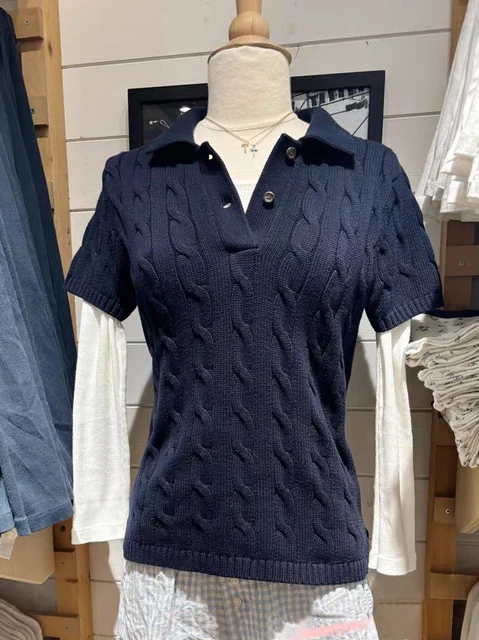 Solid Twist Flower Knit T-shirts Woman Spring Turn Down Collar Short Sleeve Tees American Vintage Casual Tshirts Sweet Y2k Tops