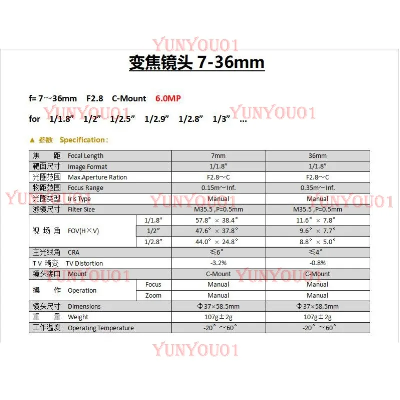 산업용 카메라 줌 렌즈 C 인터페이스 수동 줌 초점 거리 5-50mm7-36mm10-50mm10-55mm