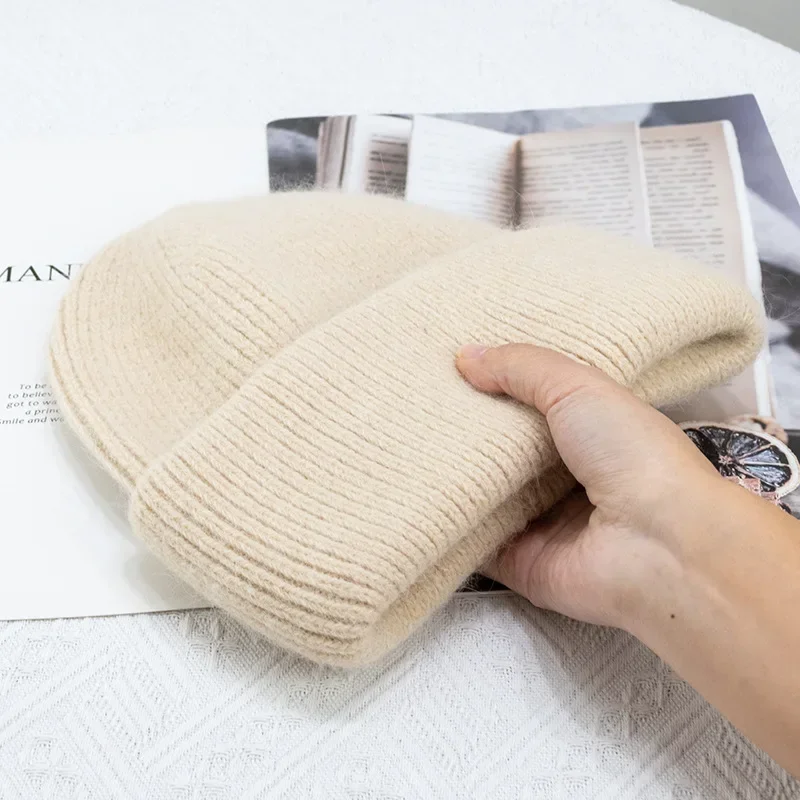 Fahion Warm Cahmere Wool Skullie Angola Rabbit Fur Winter Knitted Beanie Women Cap Female Three Fold Ski Outdoor_voghion.com