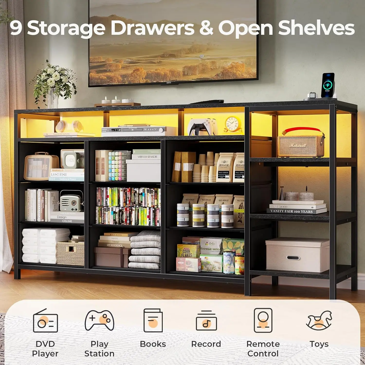 TV Stand for 60 Inches TV,Dresser with Charging Station & LED Lights, 9 PU & Fabric Drawers,Entertainment Center