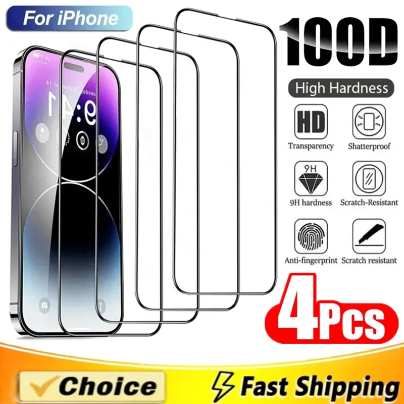 

4Pcs Full Cover Protective Glass For iPhone 13 11 12 14 Pro Max Mini 7 Plus Screen Protector For iPhone 15 PRO XR X XS MAX Glass