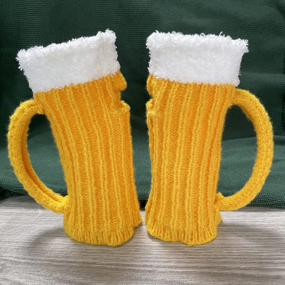 3D Beer Mug Gloves Half Finger Warm Gloves Yellow Beer Glass Unisex Woolen Yarn Knitting Autumn Winter Funny Gift half finger gloves warm gloves