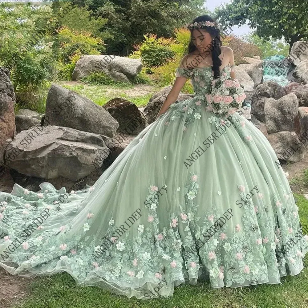 Quinceanera dresses ANGELSBRIDEP Sage Green Quinceanera Dresses Off Shoulder Princess Sweet 15 16 Years Old Birthday Prom Party Gowns customized