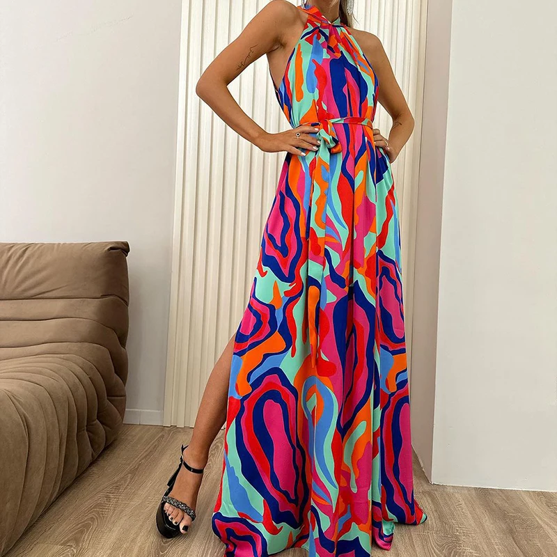 

2024 Spring Pattern Print Split Holiday Long Dress Sexy Off Sholuder Halter Maxi Dress Summer Sleeveless Tie-up Boho Party Dress